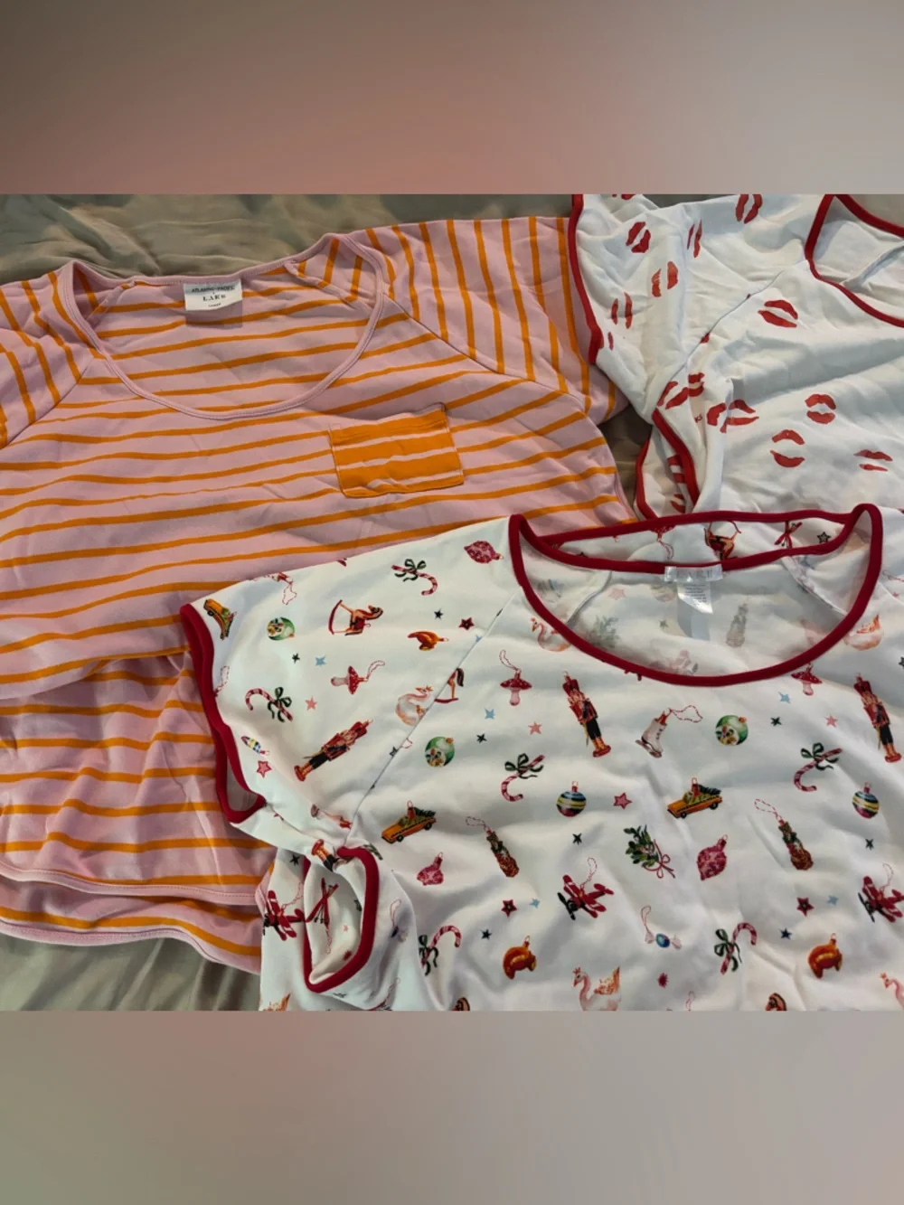 Women’s LAKE size L, 3 pair of pajamas. Holiday-Print, KS Lips and Orange stripe - Picture 3 of 6